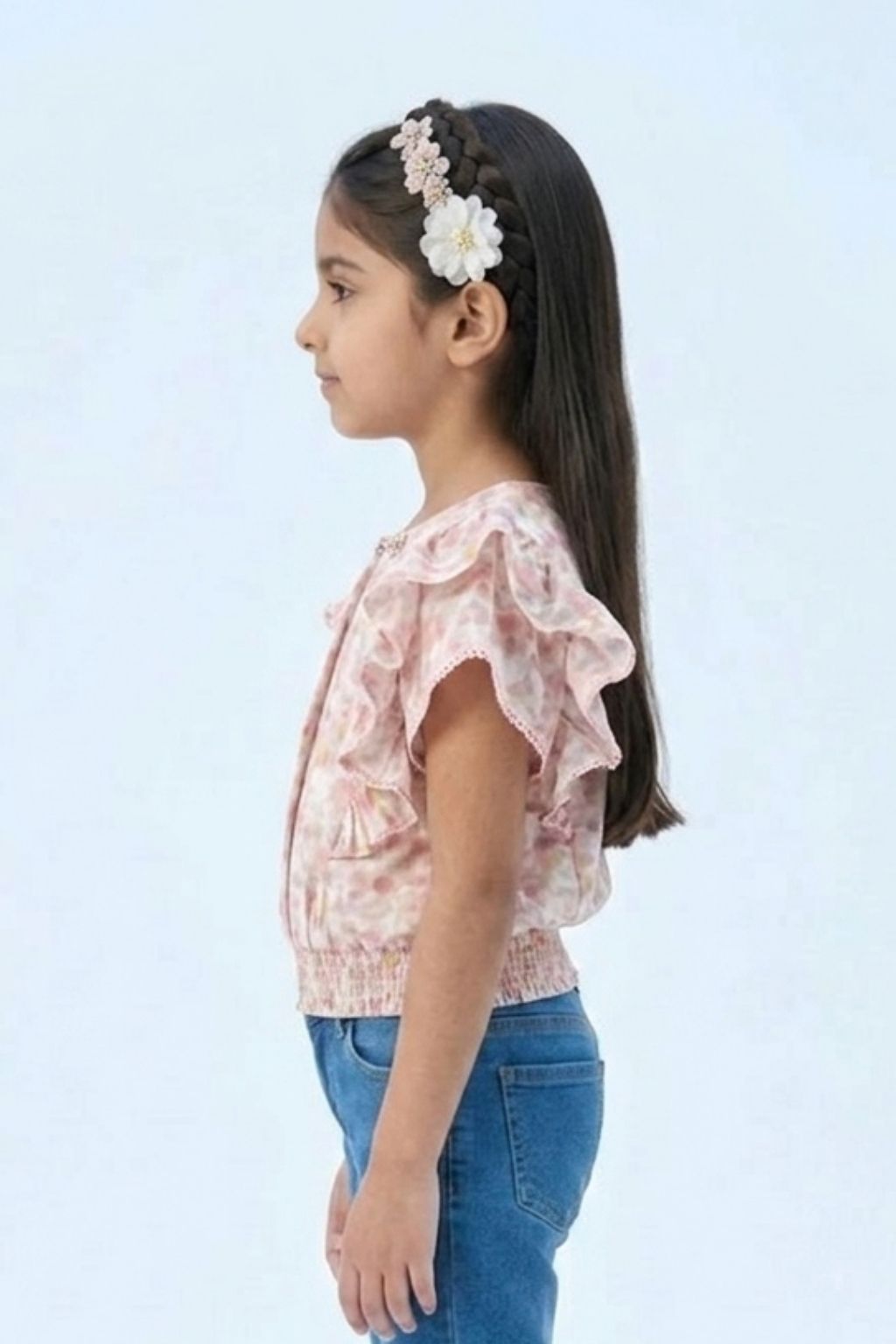 Peach Pastel Floral Ruffle Sleeve Top TG6398
