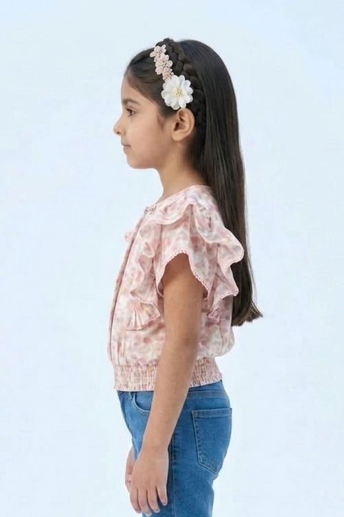 Peach Pastel Floral Ruffle Sleeve Top TG6398