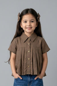 Collared Button-Down Brown Pleated Top TG6410