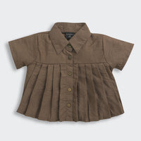 Collared Button-Down Brown Pleated Top TG6410