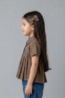 Collared Button-Down Brown Pleated Top TG6410