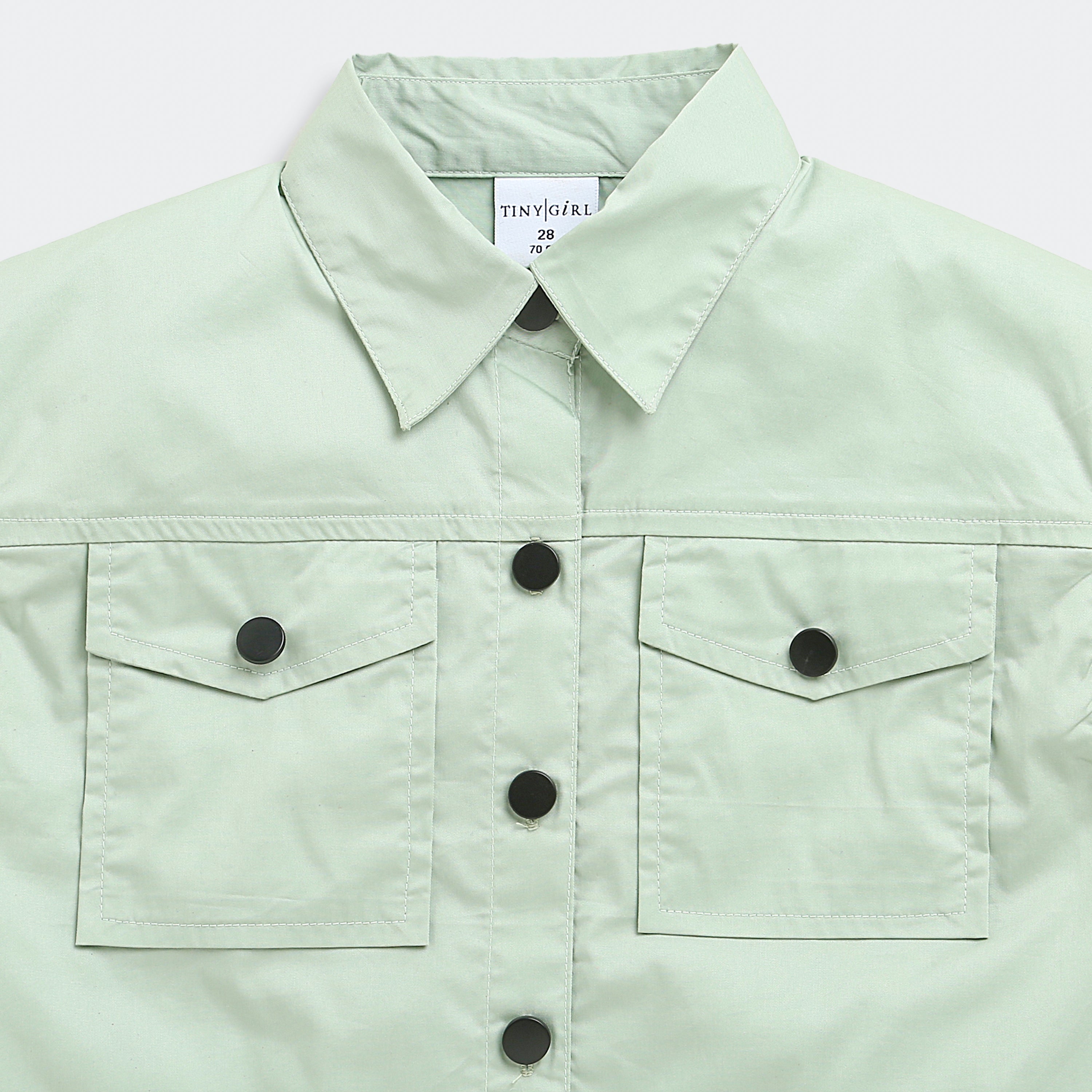 Tiny Girl Extended Sleeves Solid Pocket Detail Top - Pista Green