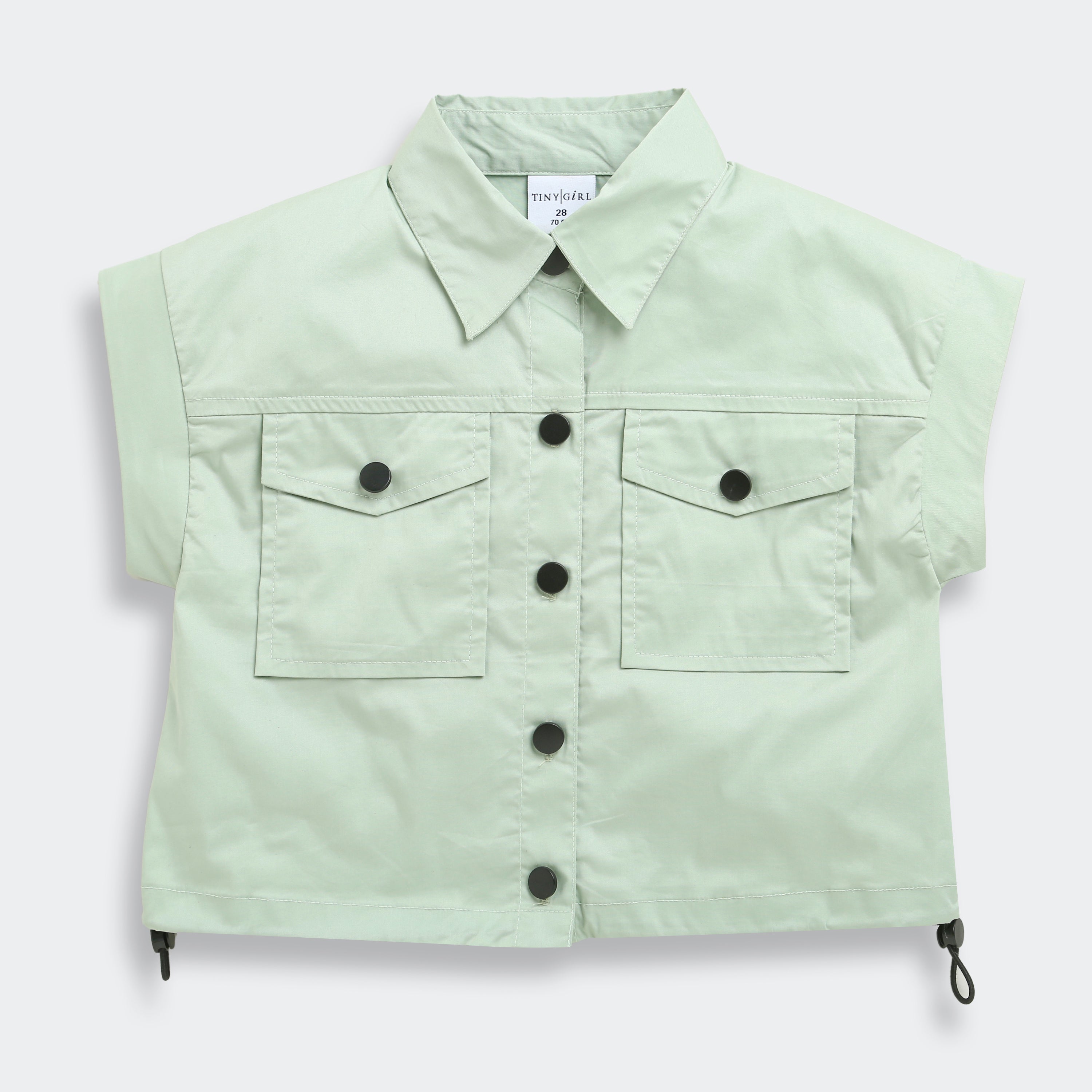 Tiny Girl Extended Sleeves Solid Pocket Detail Top - Pista Green