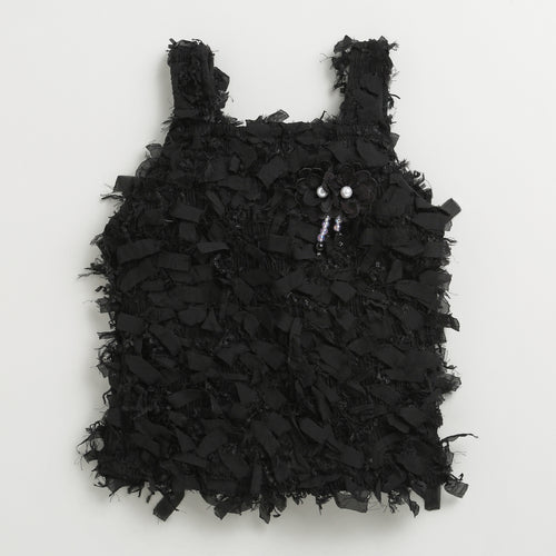Textured Black Sleeveless Top with Fringe & Bow TG6425