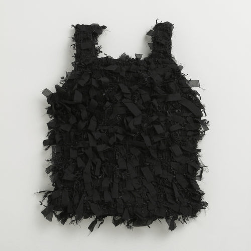 Textured Black Sleeveless Top with Fringe & Bow TG6425