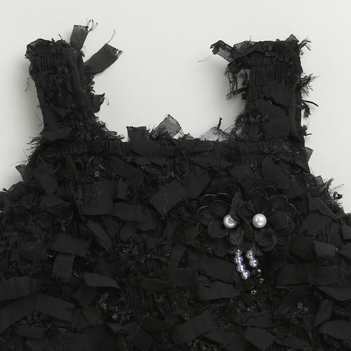 Textured Black Sleeveless Top with Fringe & Bow TG6425