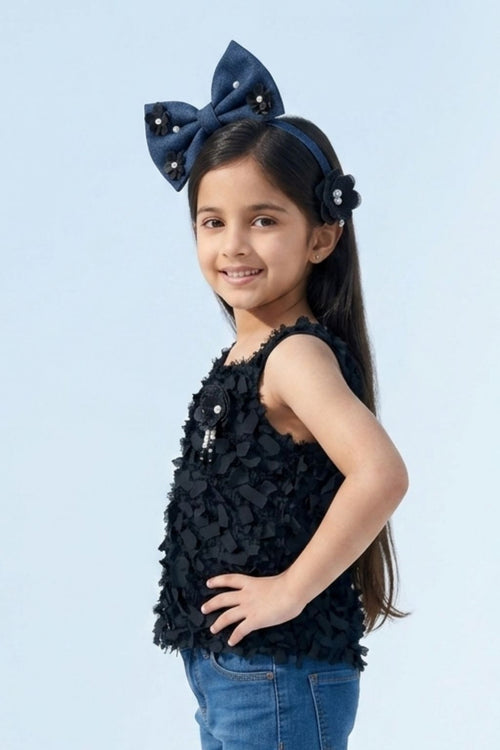 Textured Black Sleeveless Top with Fringe & Bow TG6425
