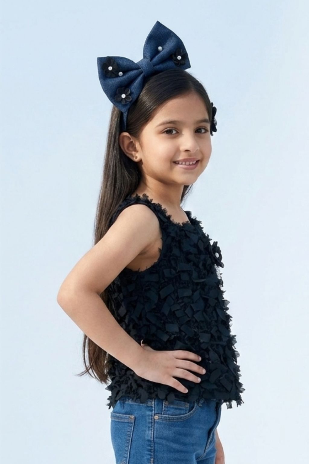 Textured Black Sleeveless Top with Fringe & Bow TG6425