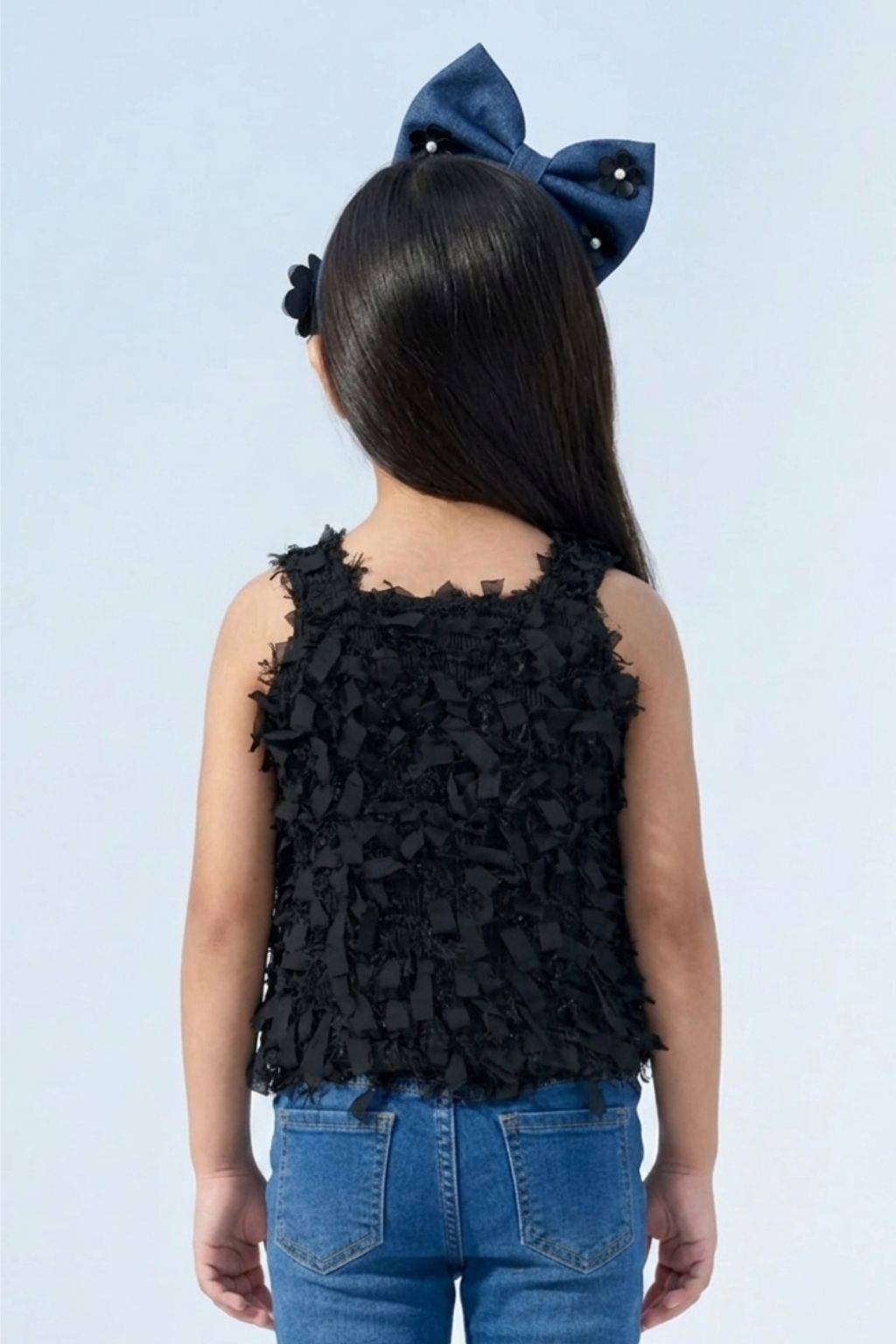 Textured Black Sleeveless Top with Fringe & Bow TG6425