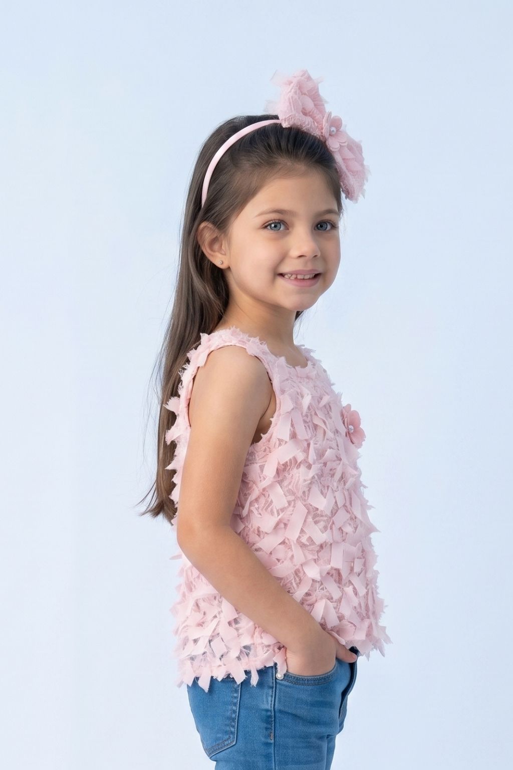 Textured Peach Sleeveless Top with Fringe & Bow TG6425