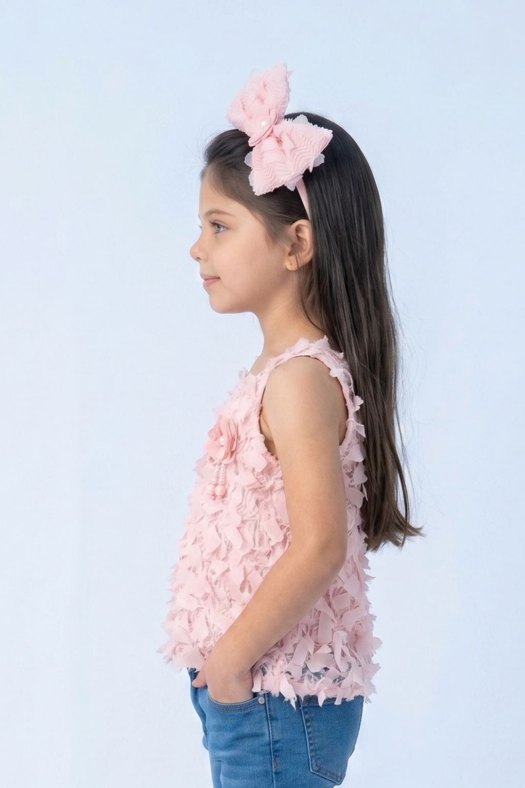 Textured Peach Sleeveless Top with Fringe & Bow TG6425