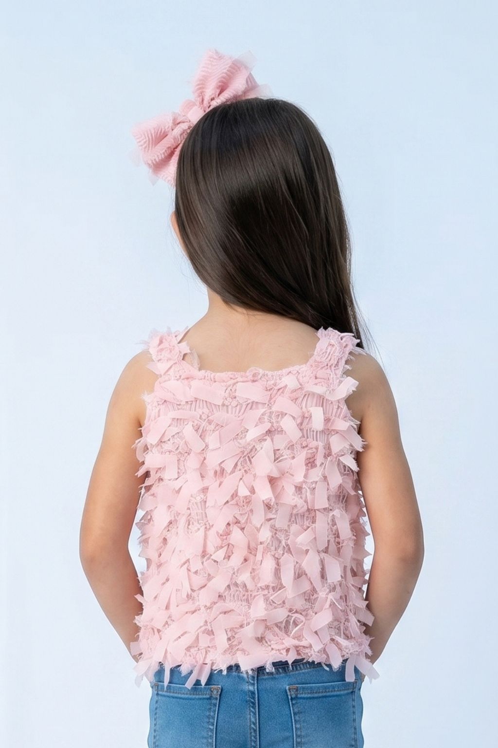 Textured Peach Sleeveless Top with Fringe & Bow TG6425