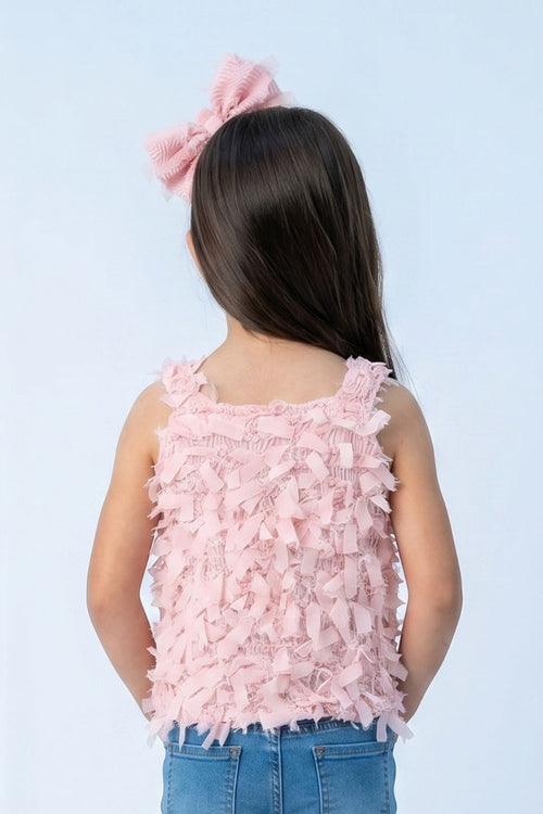 Textured Peach Sleeveless Top with Fringe & Bow TG6425