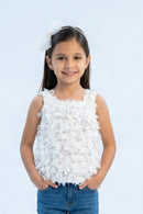 Textured White Sleeveless Top with Fringe & Bow TG6425