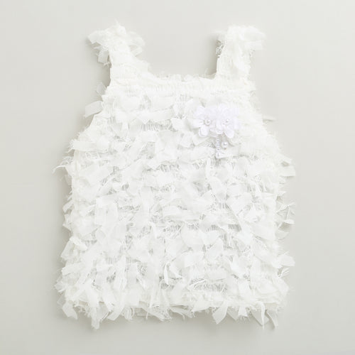 Textured White Sleeveless Top with Fringe & Bow TG6425