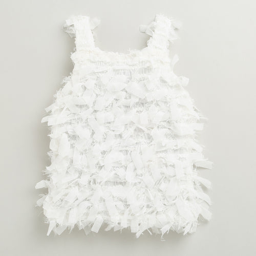 Textured White Sleeveless Top with Fringe & Bow TG6425