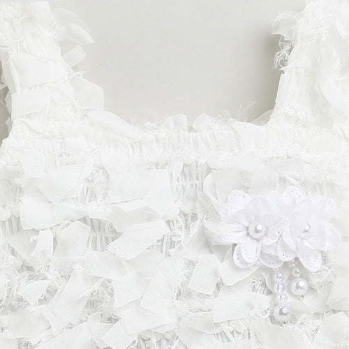 Textured White Sleeveless Top with Fringe & Bow TG6425