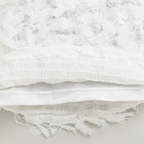 Textured White Sleeveless Top with Fringe & Bow TG6425