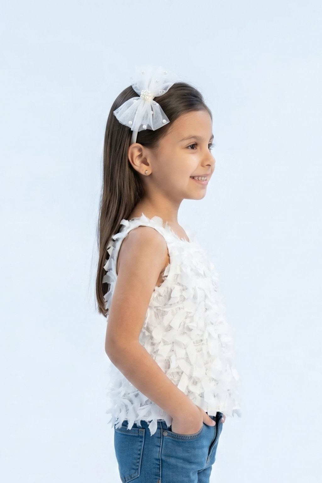 Textured White Sleeveless Top with Fringe & Bow TG6425