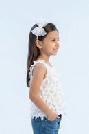 Textured White Sleeveless Top with Fringe & Bow TG6425