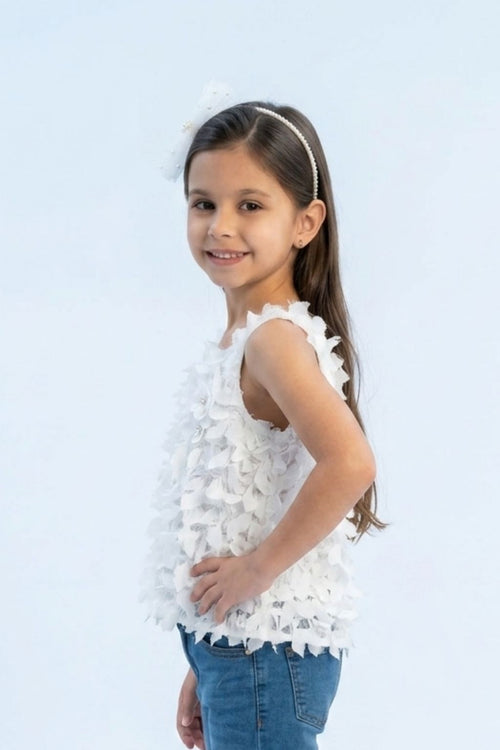 Textured White Sleeveless Top with Fringe & Bow TG6425