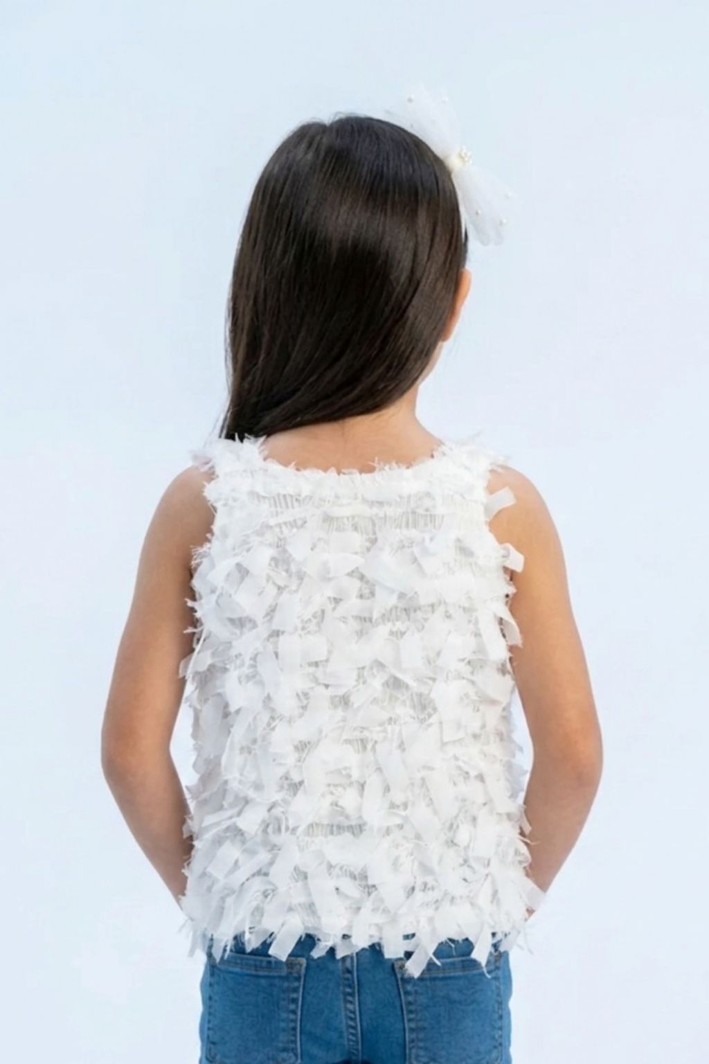 Textured White Sleeveless Top with Fringe & Bow TG6425