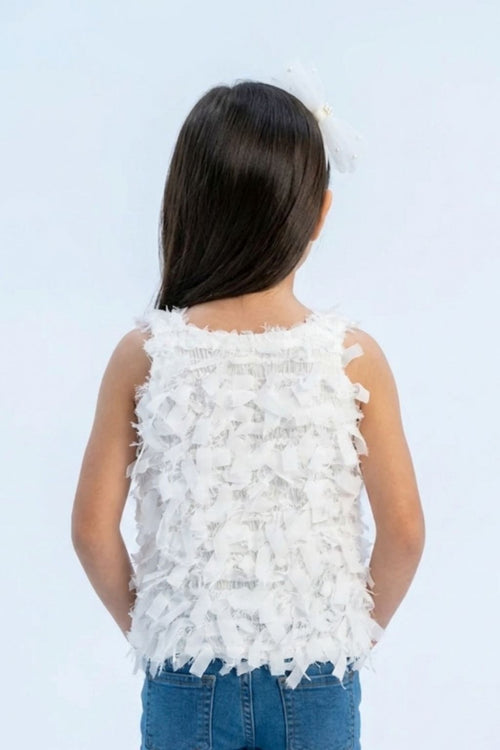 Textured White Sleeveless Top with Fringe & Bow TG6425