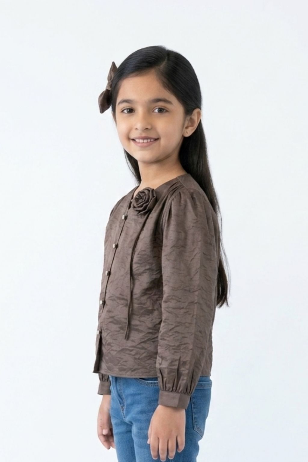 Burgundy Satin Top with Floral Appliqué TG6449