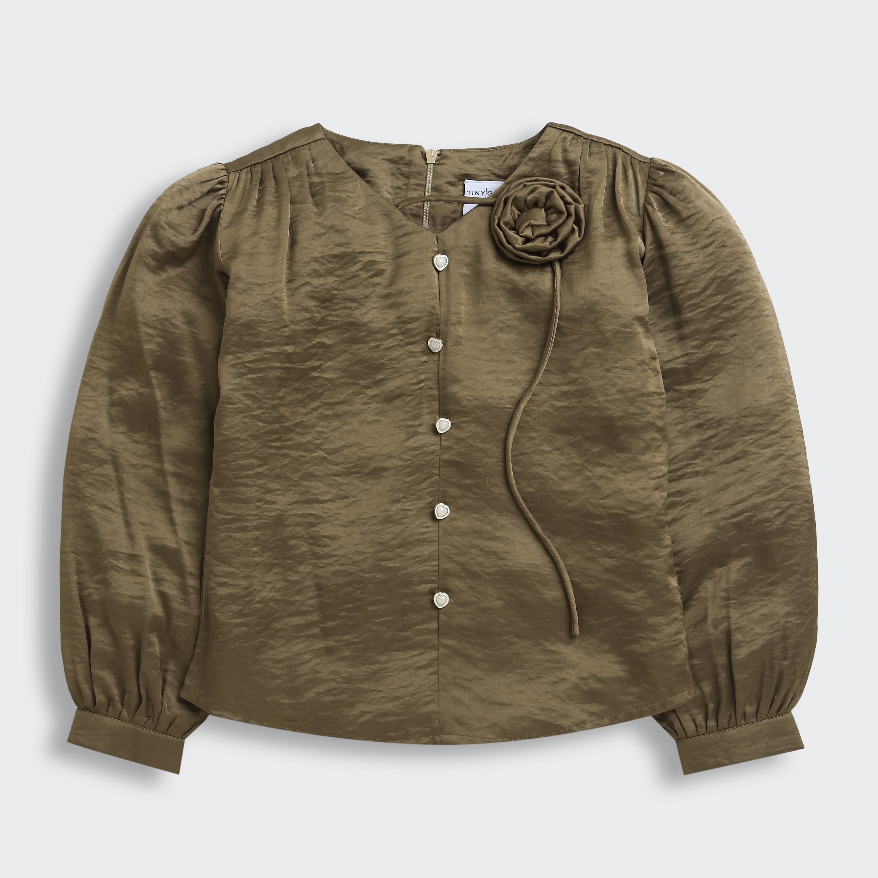 Tiny Girl Copper Floral Appliqué Puff Sleeve Top