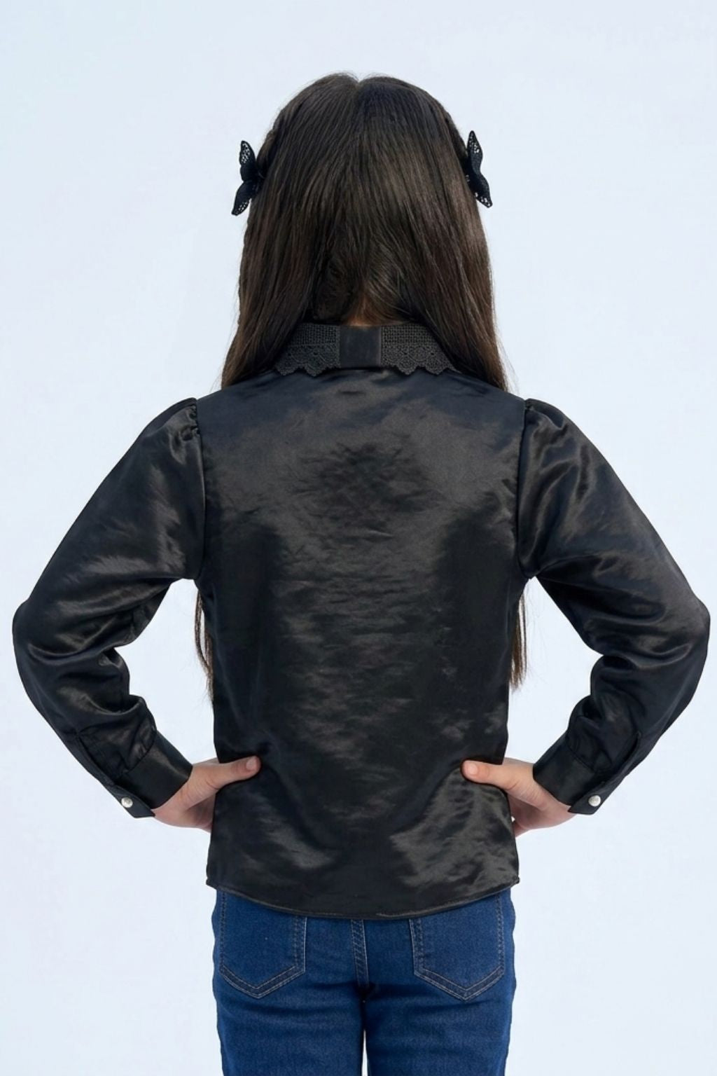 Black Satin Top with Lace Collar TG6450