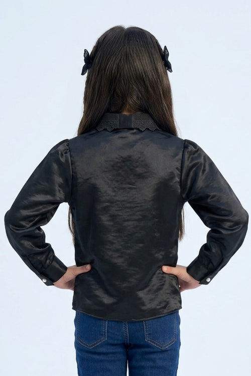 Black Satin Top with Lace Collar TG6450