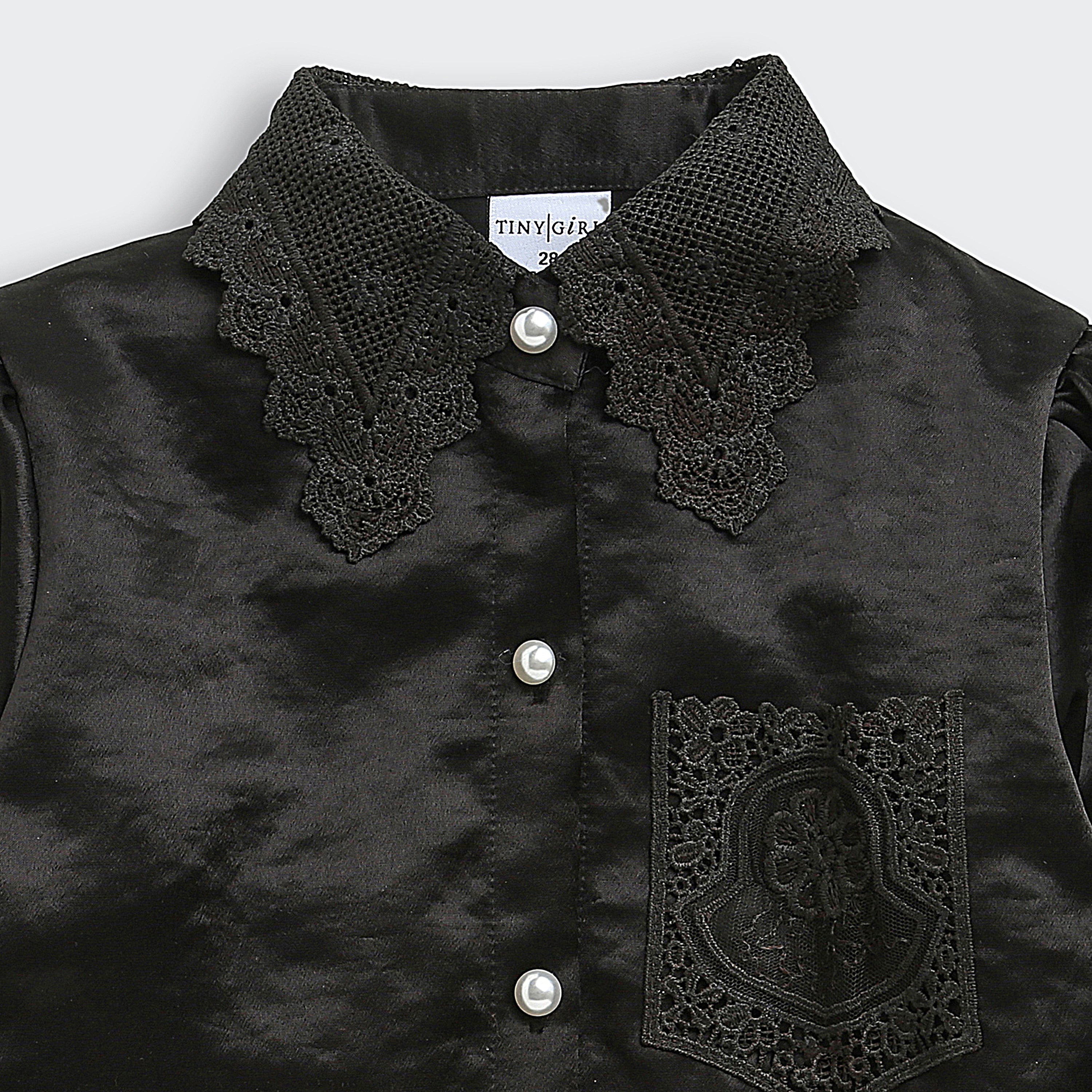 Black Satin Top with Lace Collar TG6450
