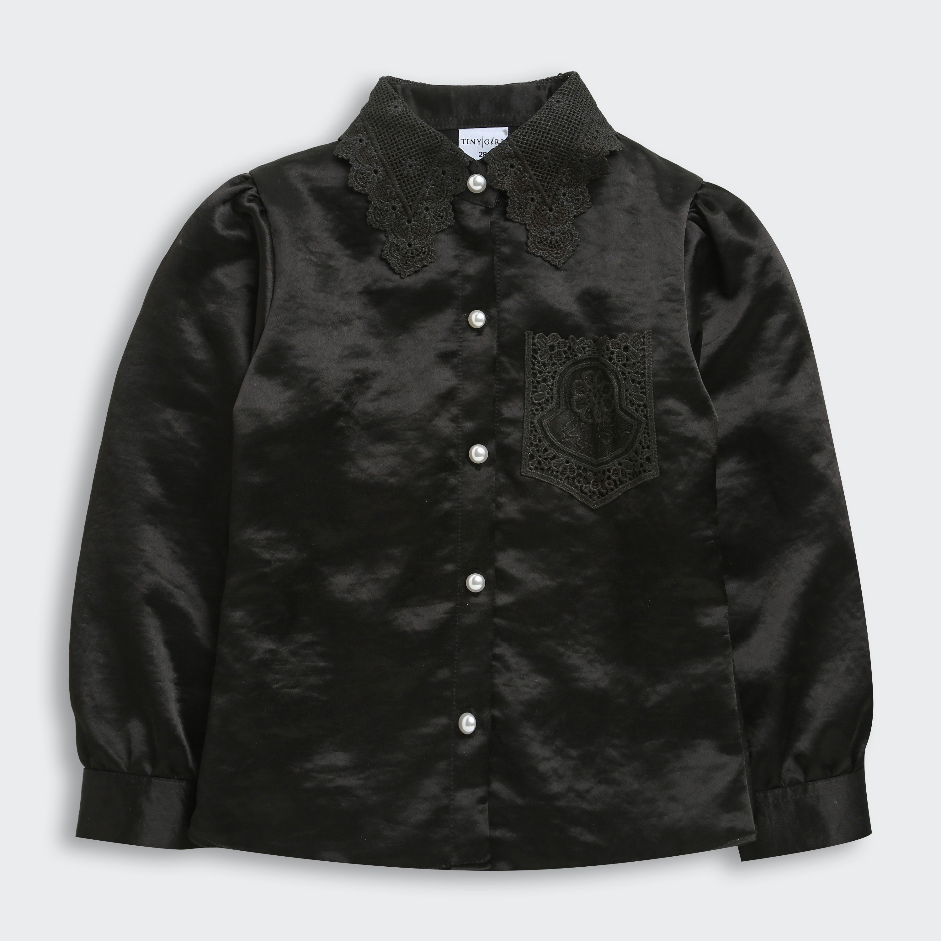Tiny Girl Black Satin Top with Lace Collar