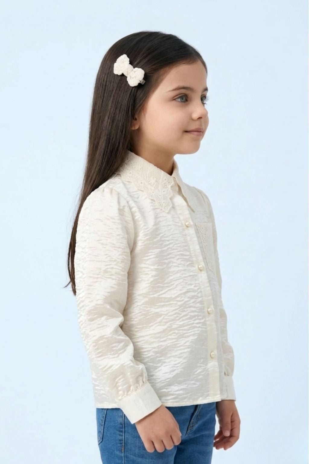 Off-White Satin Top with Lace Collar TG6450