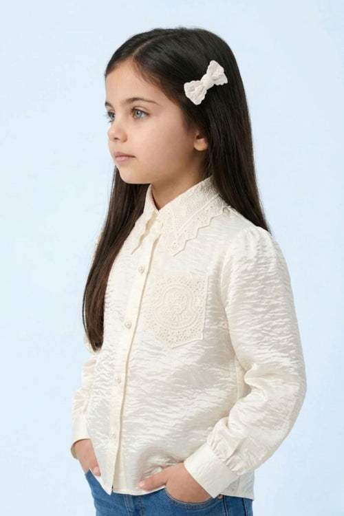Off-White Satin Top with Lace Collar TG6450