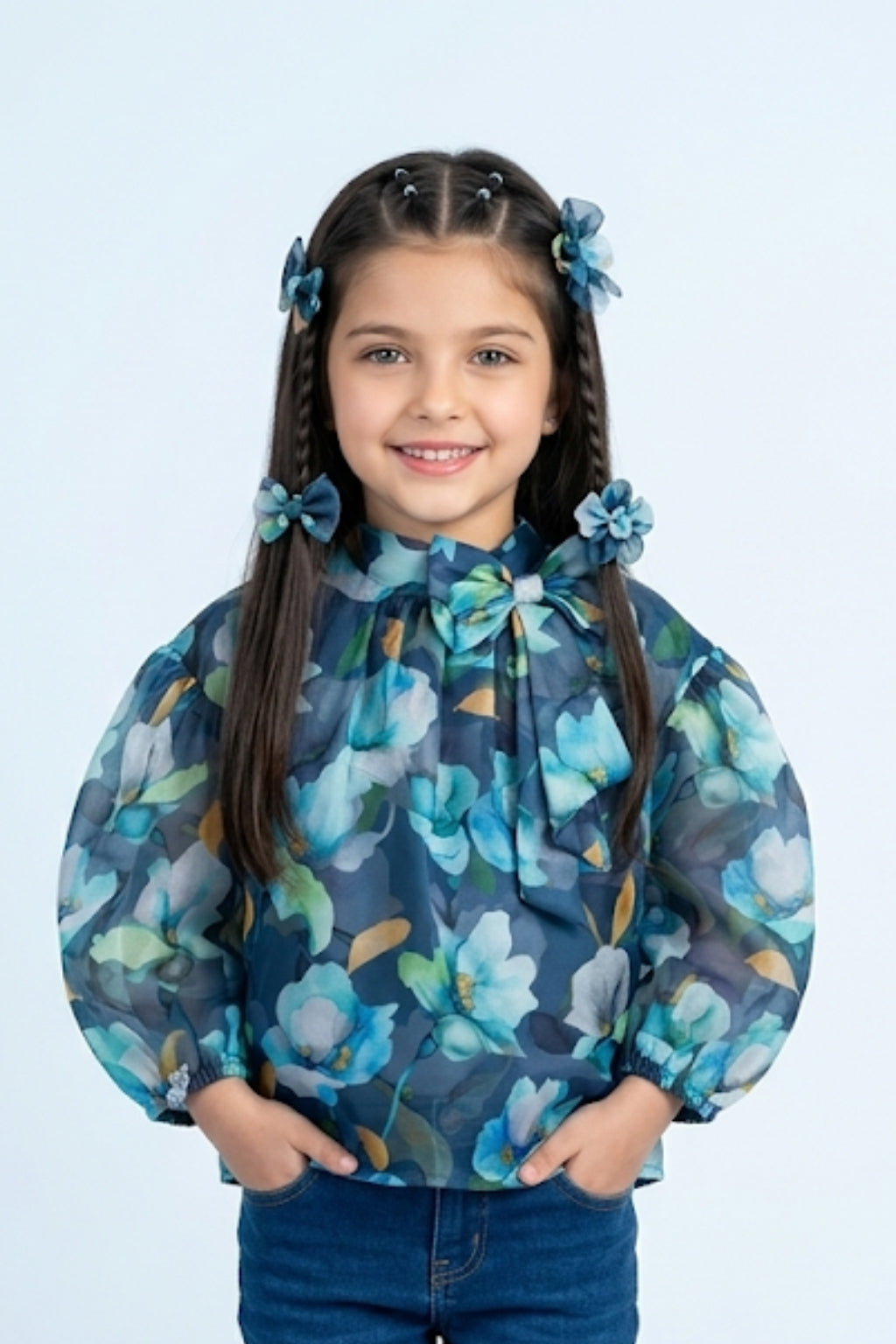 Blue Floral Organza Bow-Neck Top TG6460