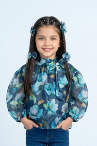 Blue Floral Organza Bow-Neck Top TG6460