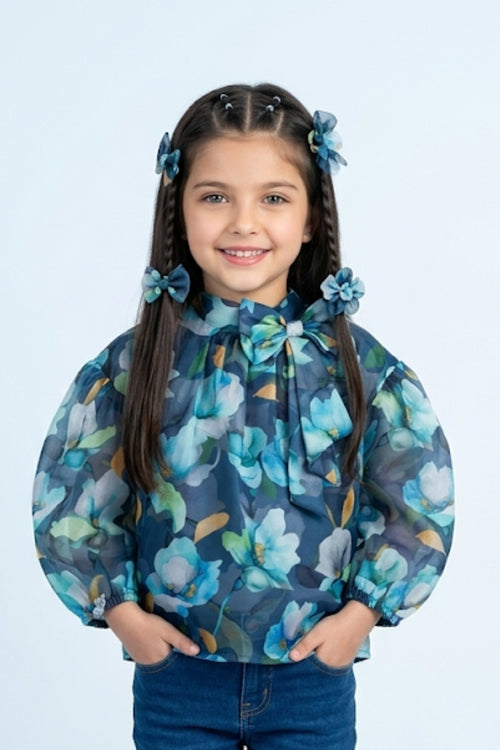 Blue Floral Organza Bow-Neck Top TG6460