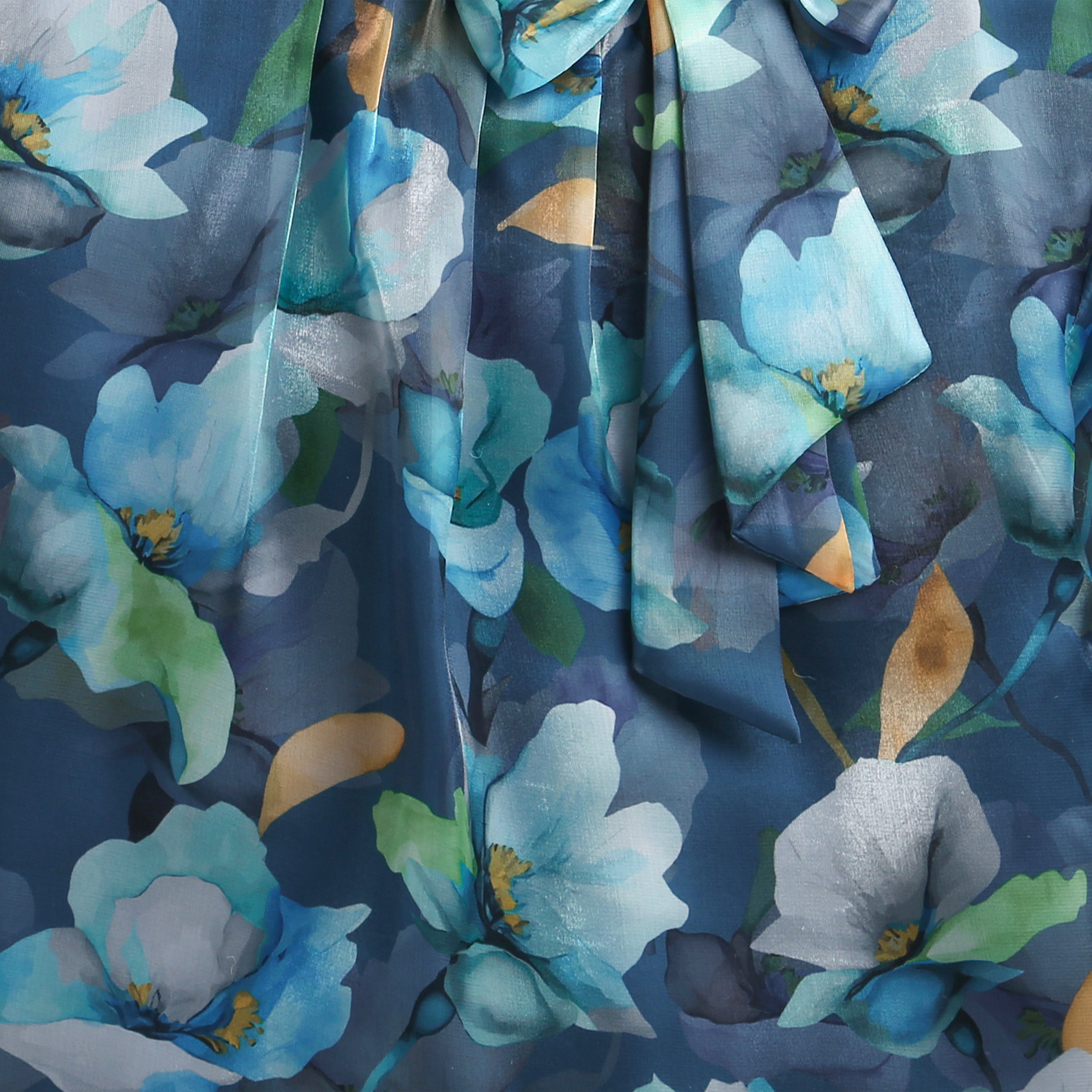 Tiny Girl Blue Floral Organza Bow-Neck Top for Girls