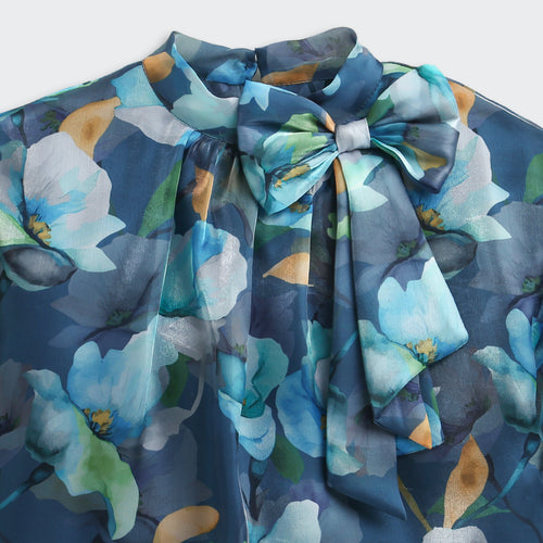 Blue Floral Organza Bow-Neck Top TG6460