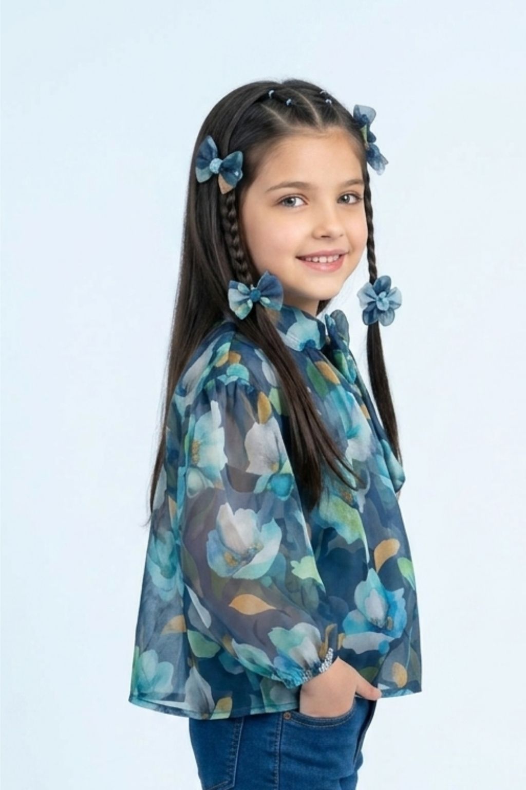Blue Floral Organza Bow-Neck Top TG6460