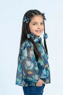 Blue Floral Organza Bow-Neck Top TG6460