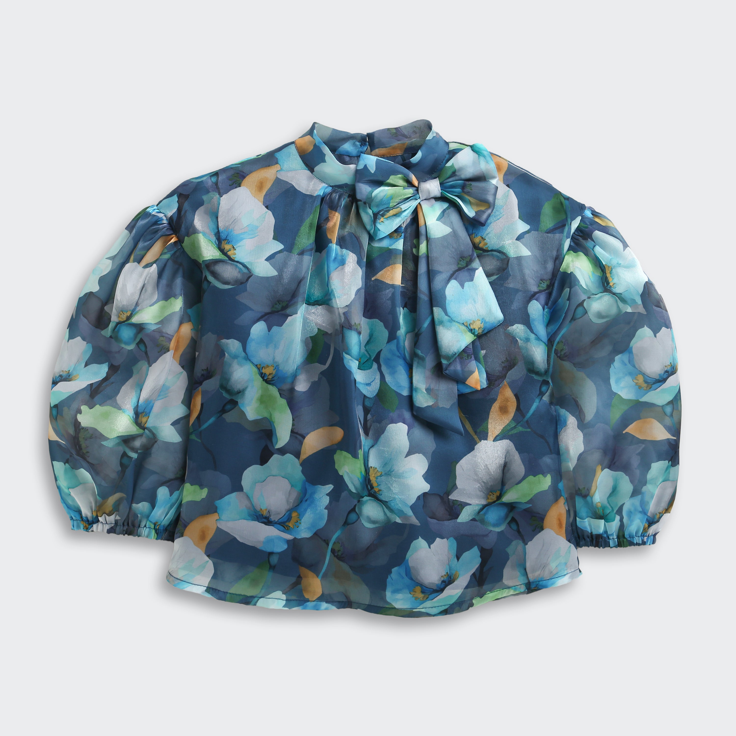 Tiny Girl Blue Floral Organza Bow-Neck Top for Girls