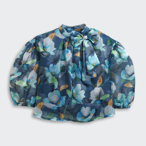 Blue Floral Organza Bow-Neck Top TG6460