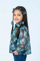 Blue Floral Organza Bow-Neck Top TG6460
