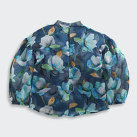 Tiny Girl Blue Floral Organza Bow-Neck Top for Girls