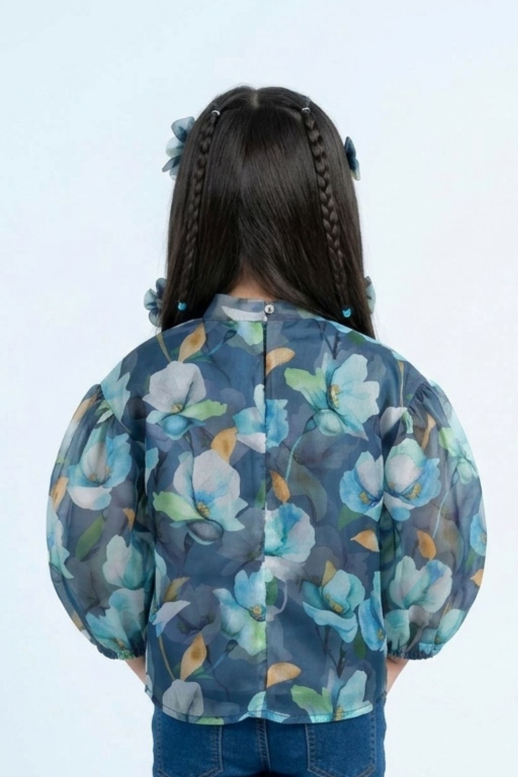 Blue Floral Organza Bow-Neck Top TG6460