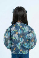 Blue Floral Organza Bow-Neck Top TG6460
