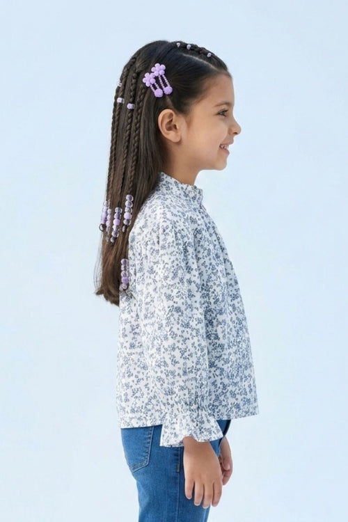 Blue Floral Printed Ruffle Sleeve Top TG6476