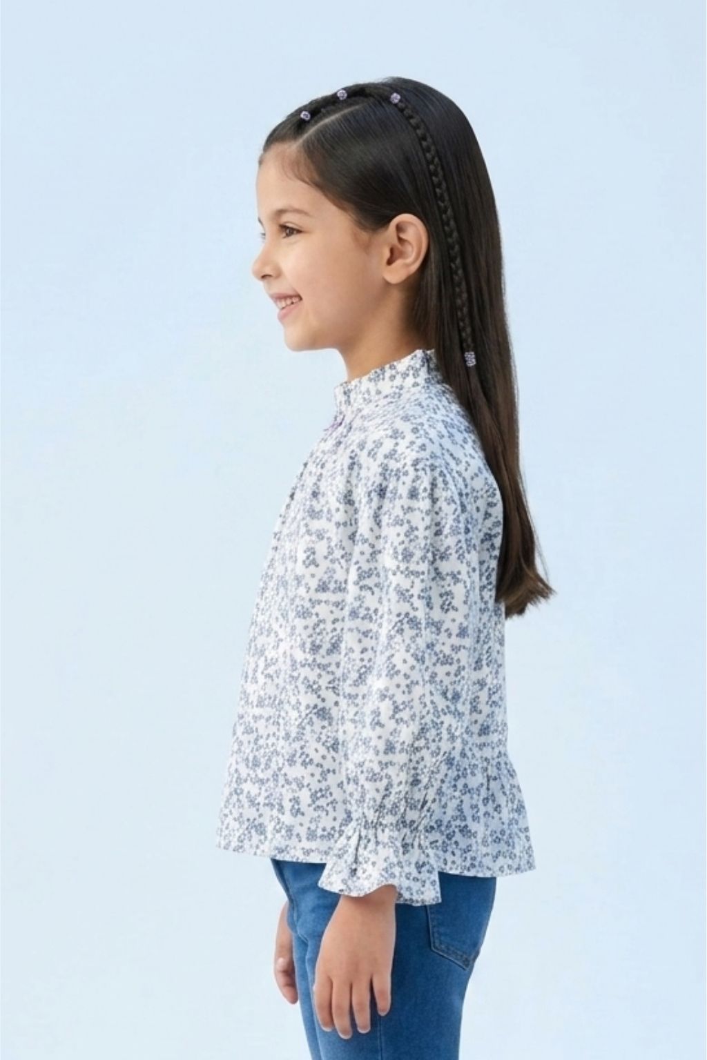 Blue Floral Printed Ruffle Sleeve Top TG6476